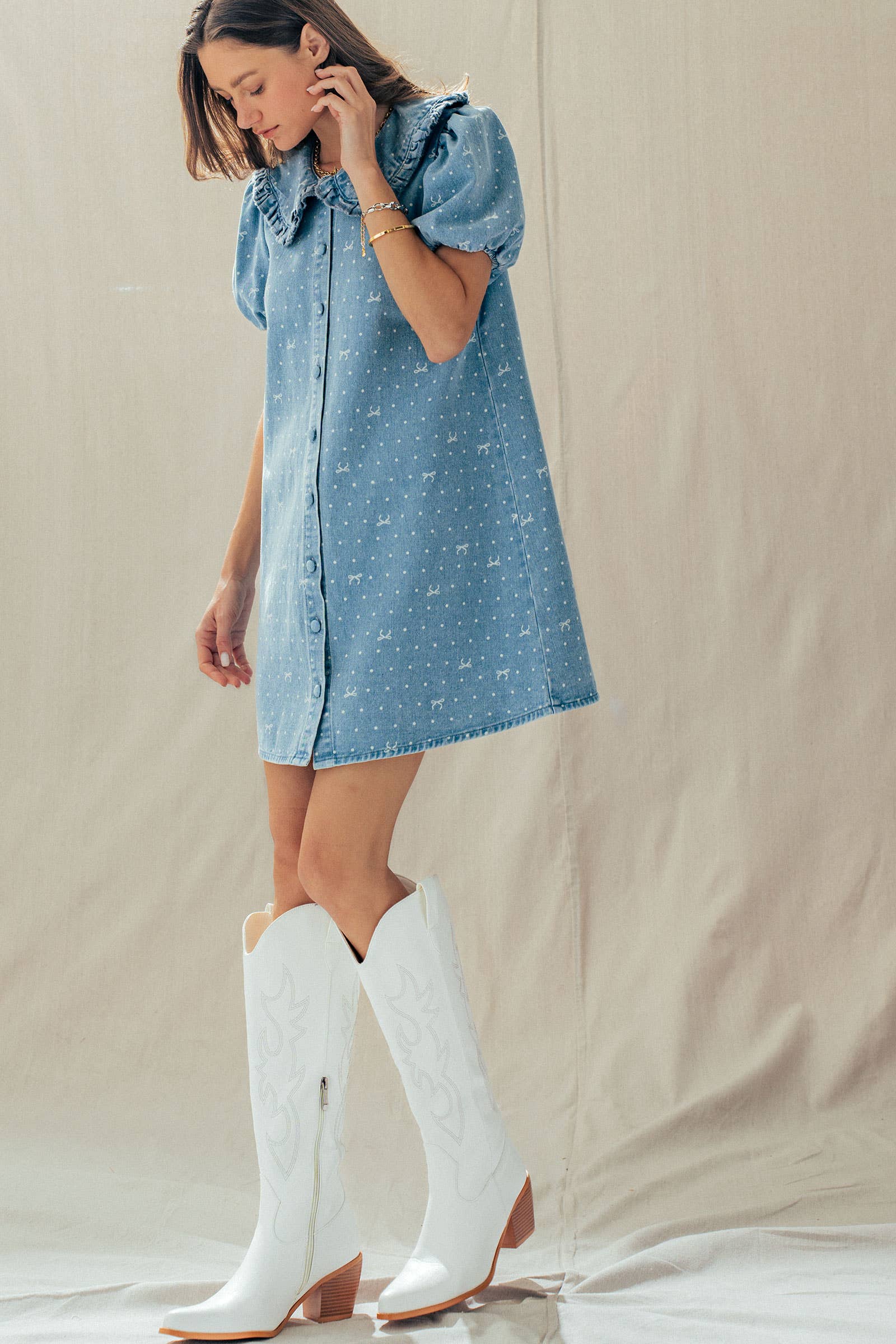Bow Print Denim Mini Dress Ruffle Collar
