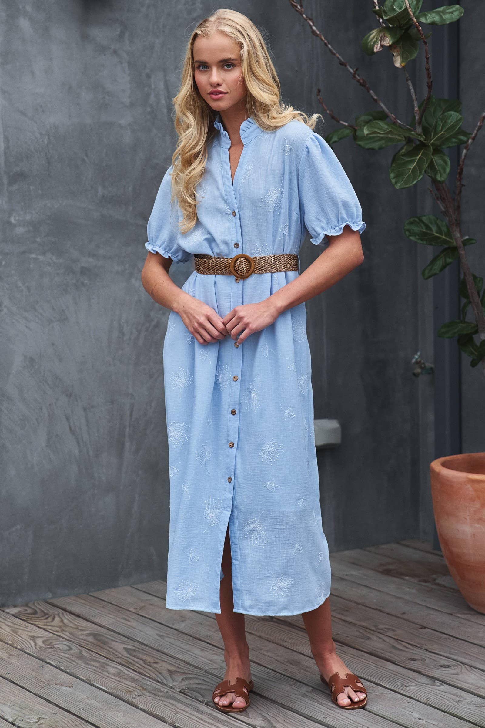 Embroidered Linen Blend Button Front Midi Dress