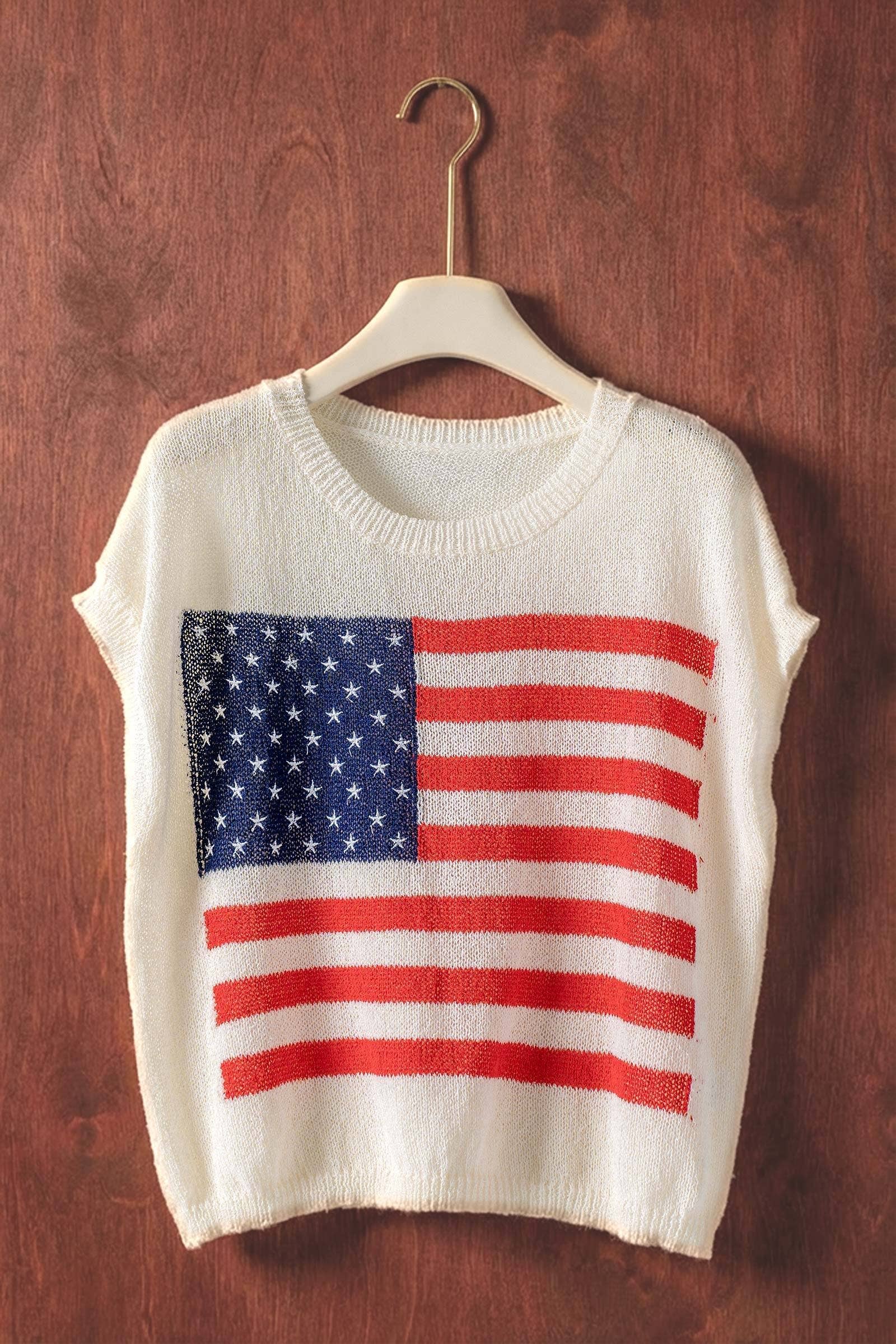 Urban Daizy American Flag Graphic Knit Patriotic Top Ivory Knit Top - Women's (UDZ-TP-01063)