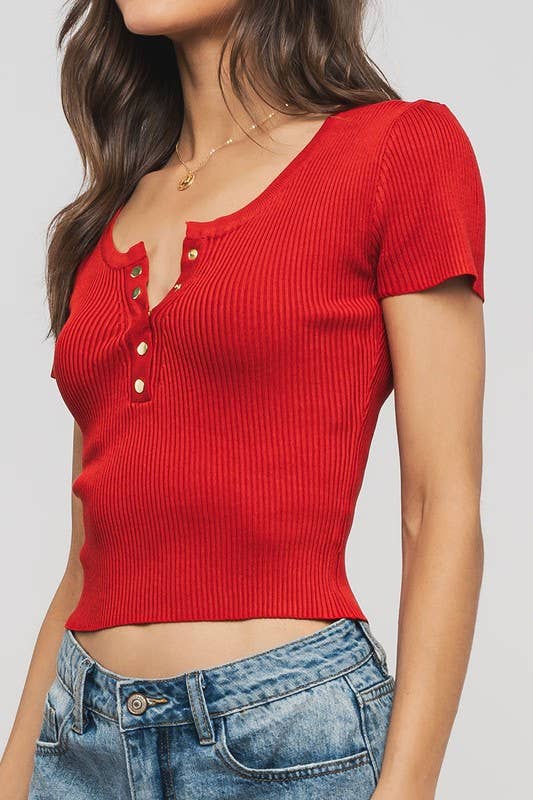Urban Daizy Ribbed Scoop Neck Henley Cropped Summer Top Blue Knit Top - Women's (UDZ-TP-00758) – alternate view 8