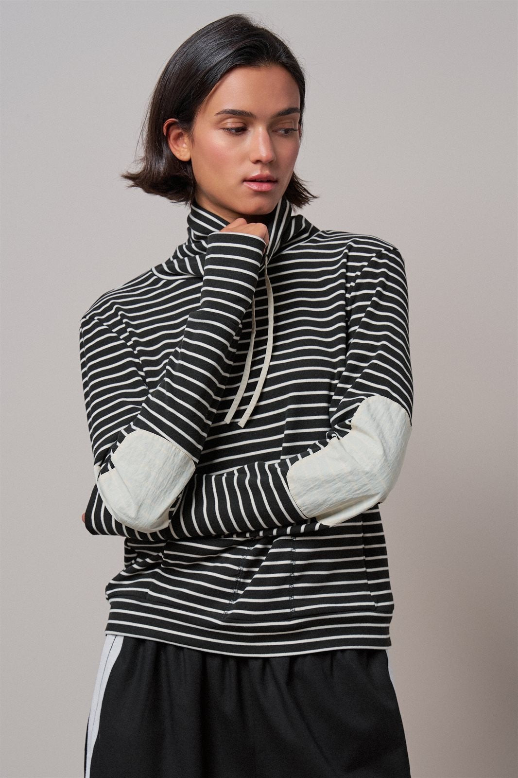 Striped Cowl Neck Drawstring Pullover Sweatshirt in BLACK - Women's Sweatshirts & Hoodies | Urban Daizy