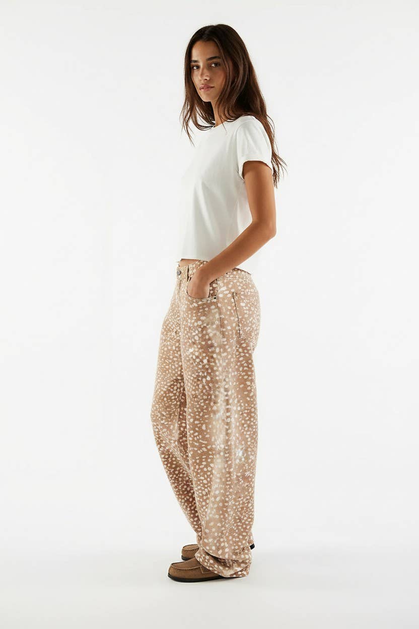 Urban Daizy Fawn Spot Print Wide Leg Denim Pants Khaki Jeans - Women's (UDPT0172-Khaki) – alternate view 4