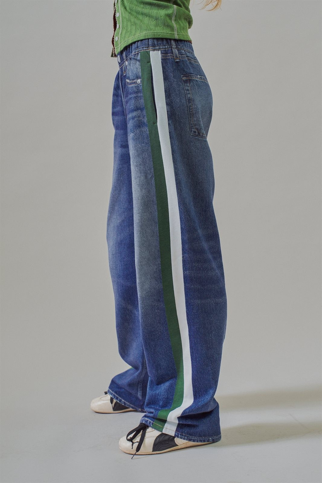 Wide Leg Faux Denim Print French Terry Track Pants with Side in DENIM - Women's Casual Pants | Urban Daizy