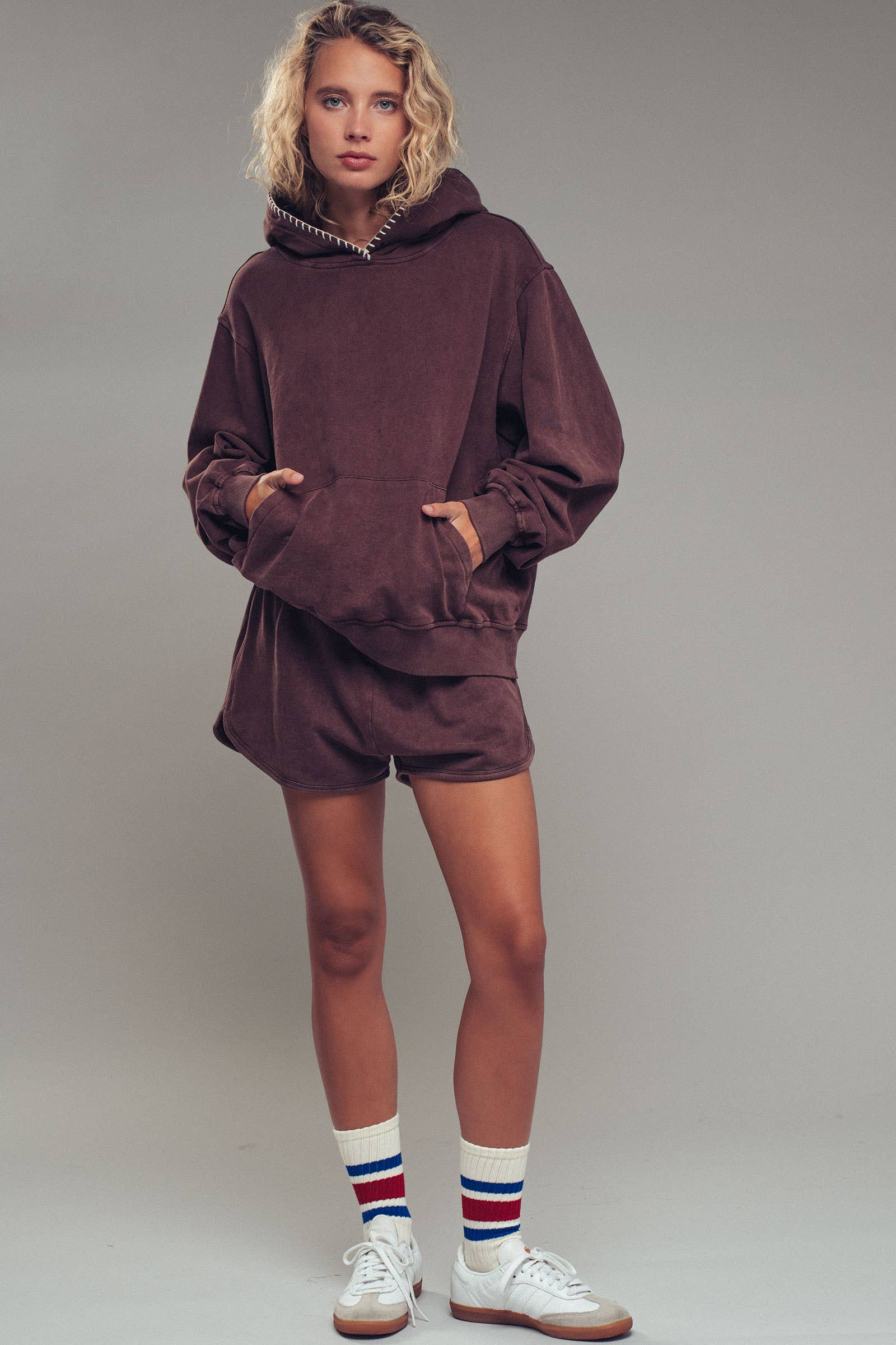 Vintage-Wash Crochet Trim Hooded Sweatshirt