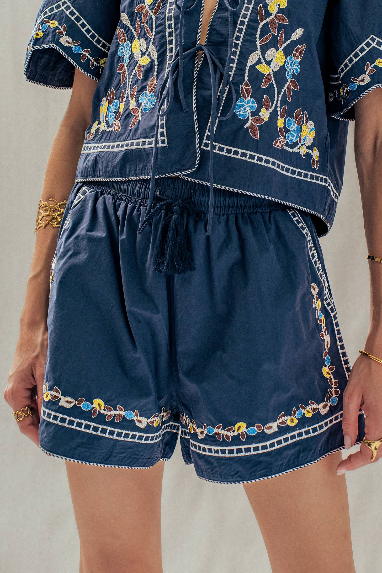 Floral Embroidered Drawstring Cotton Shorts