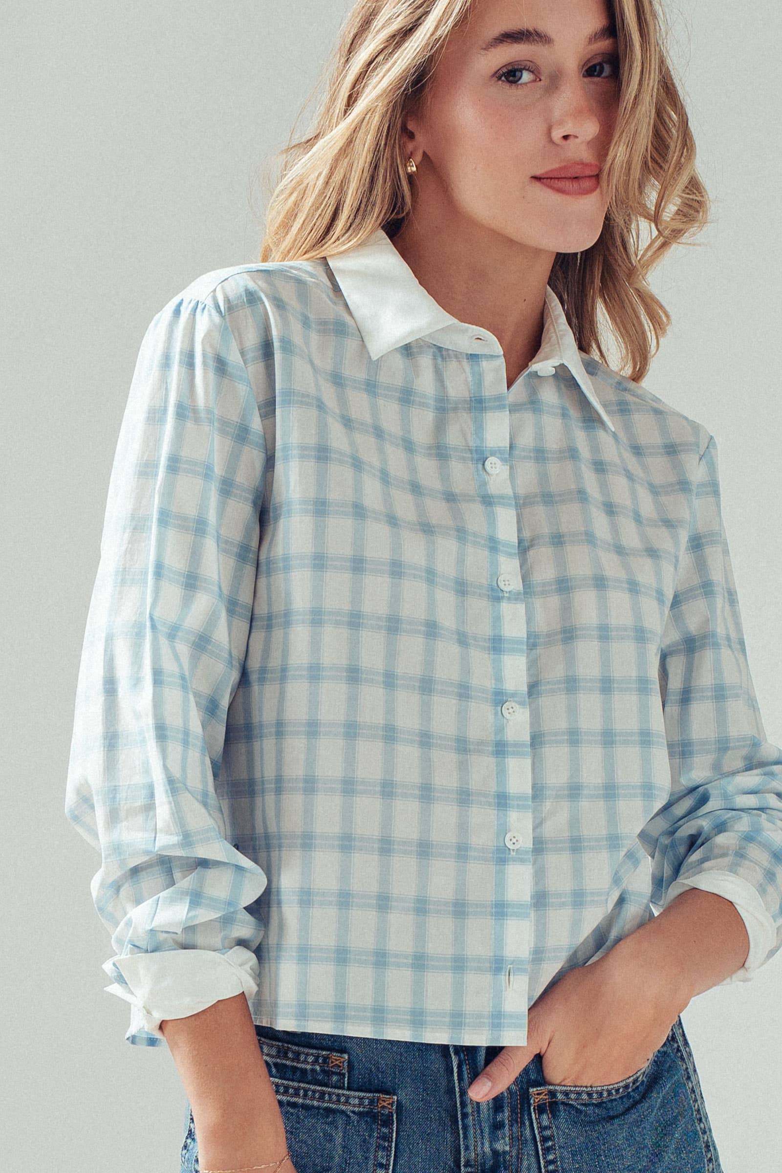 Urban Daizy Contrast Collar Plaid Button Front Shirt Blue Button Down Shirt - Women's (UDZ-TP-01003) – alternate view 2