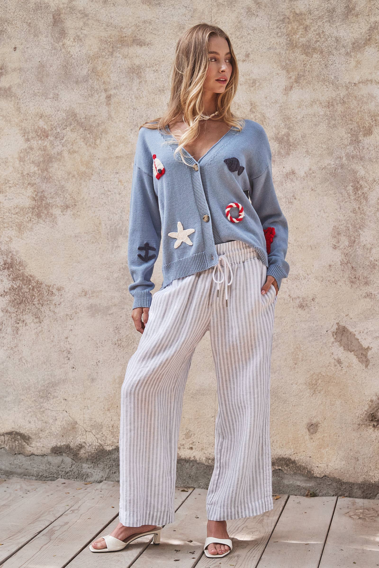 Crochet Patch Cardigan–Nautical Motifs, Relaxed Cropped Fit