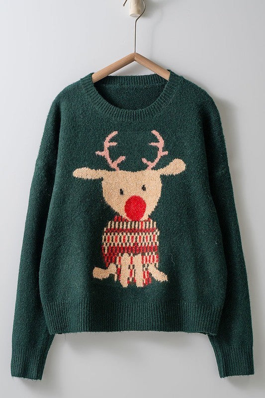 Rudolph Crewneck Knit Sweater in H GREEN - Women's Sweaters | Urban Daizy