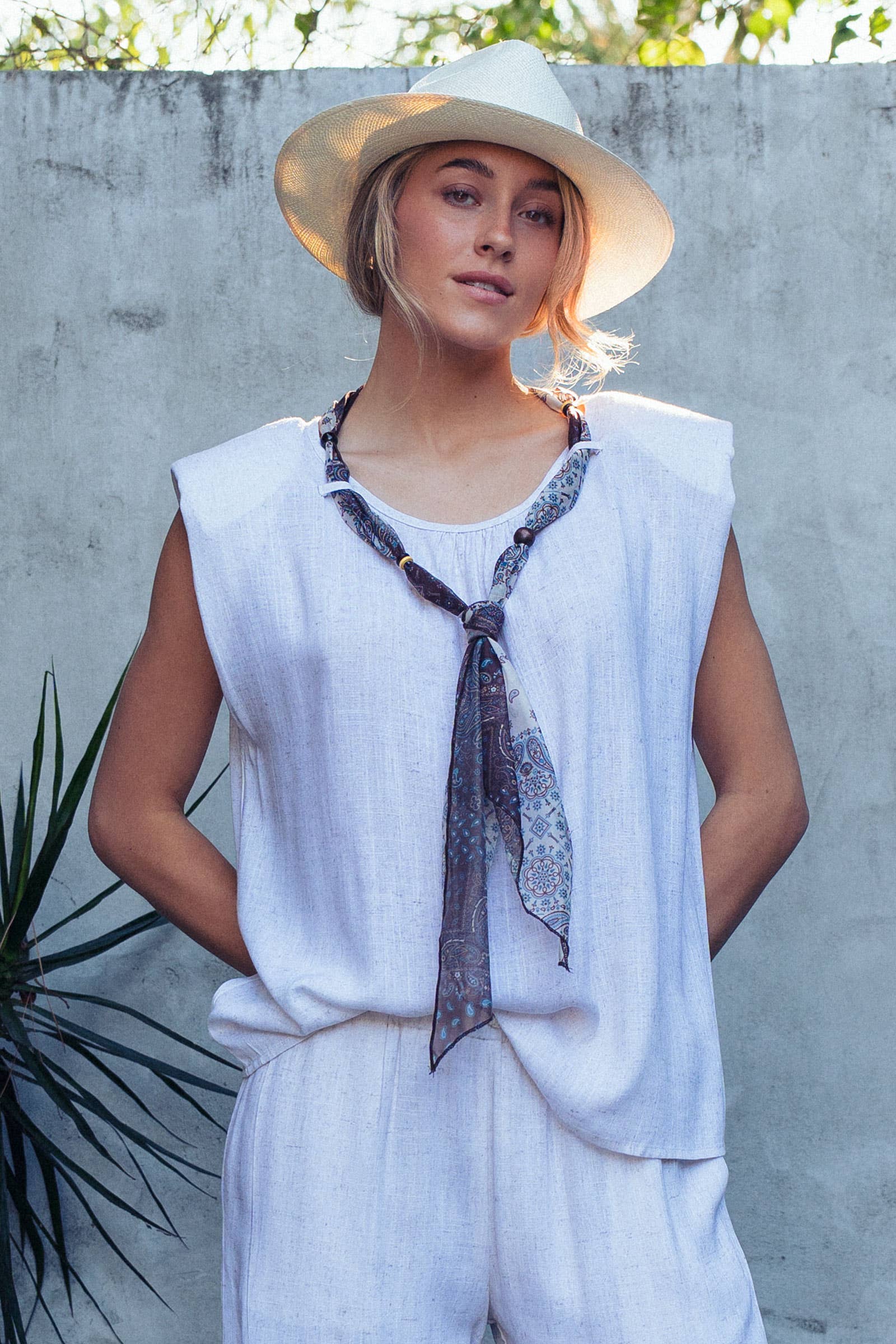 Paisley Scarf Tie Linen Blend Muscle Top