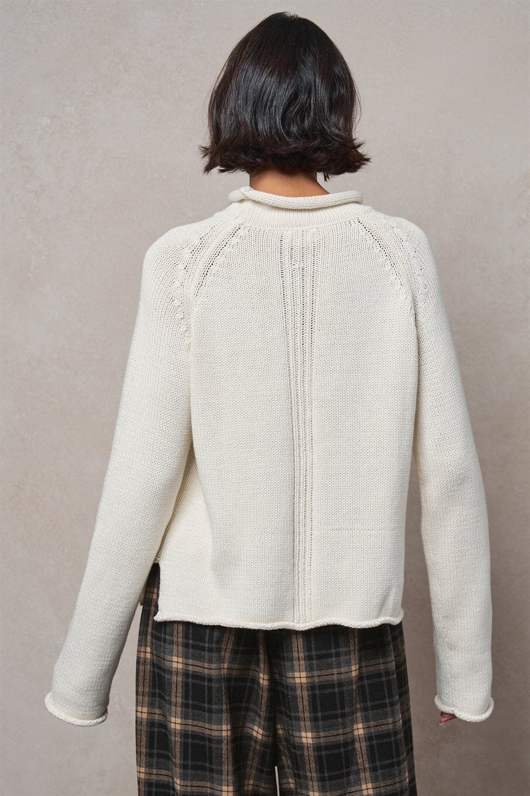 Striped Mock Neck Sweater with Rolled Neckline in IVORY - Women's Sweaters | Urban Daizy