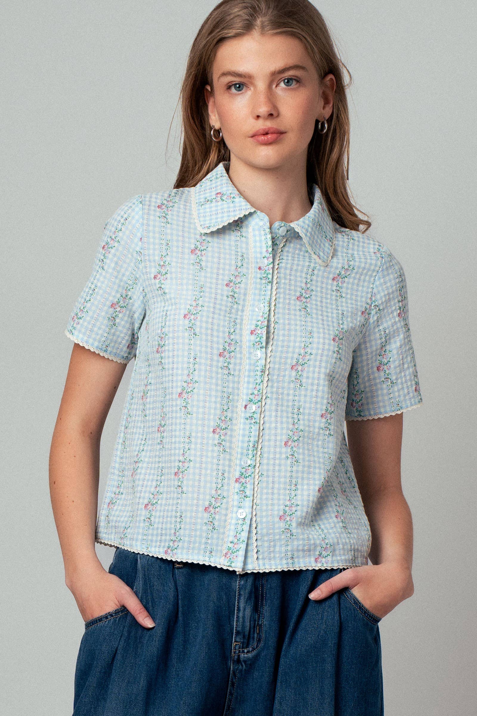 Gingham Floral Lace Trim Peter Pan Collar Shirt
