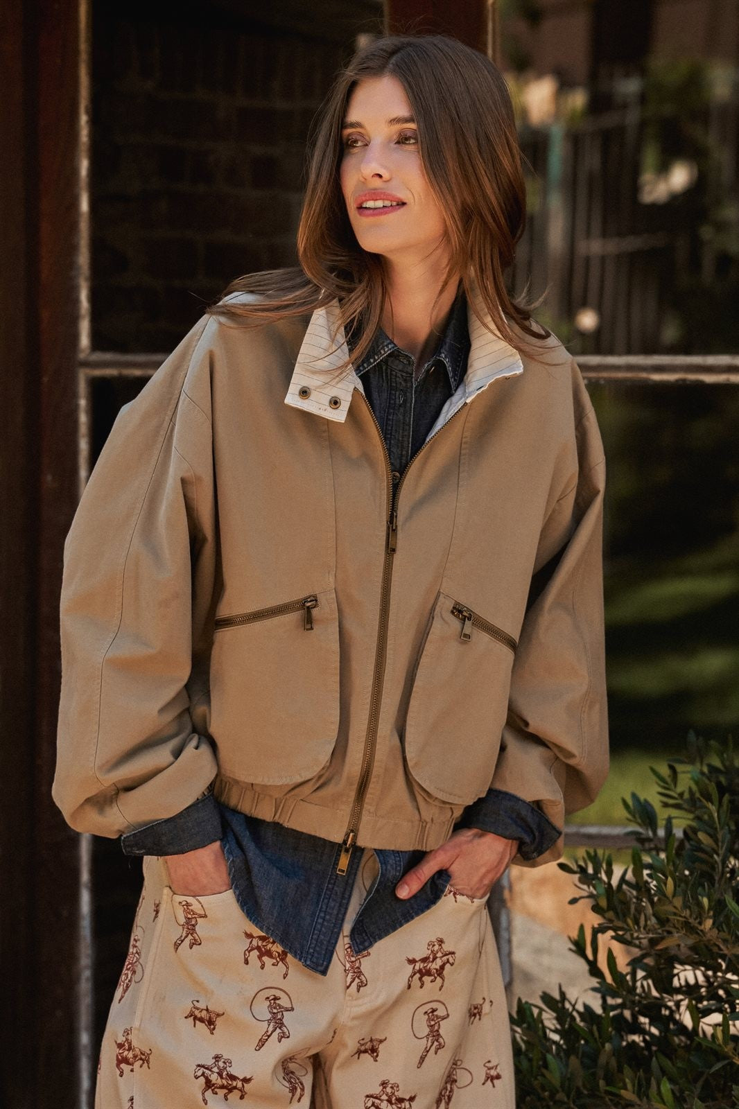 Cropped Zip Bomber Jacket in KHAKI - Women's Jackets & Blazers | Urban Daizy