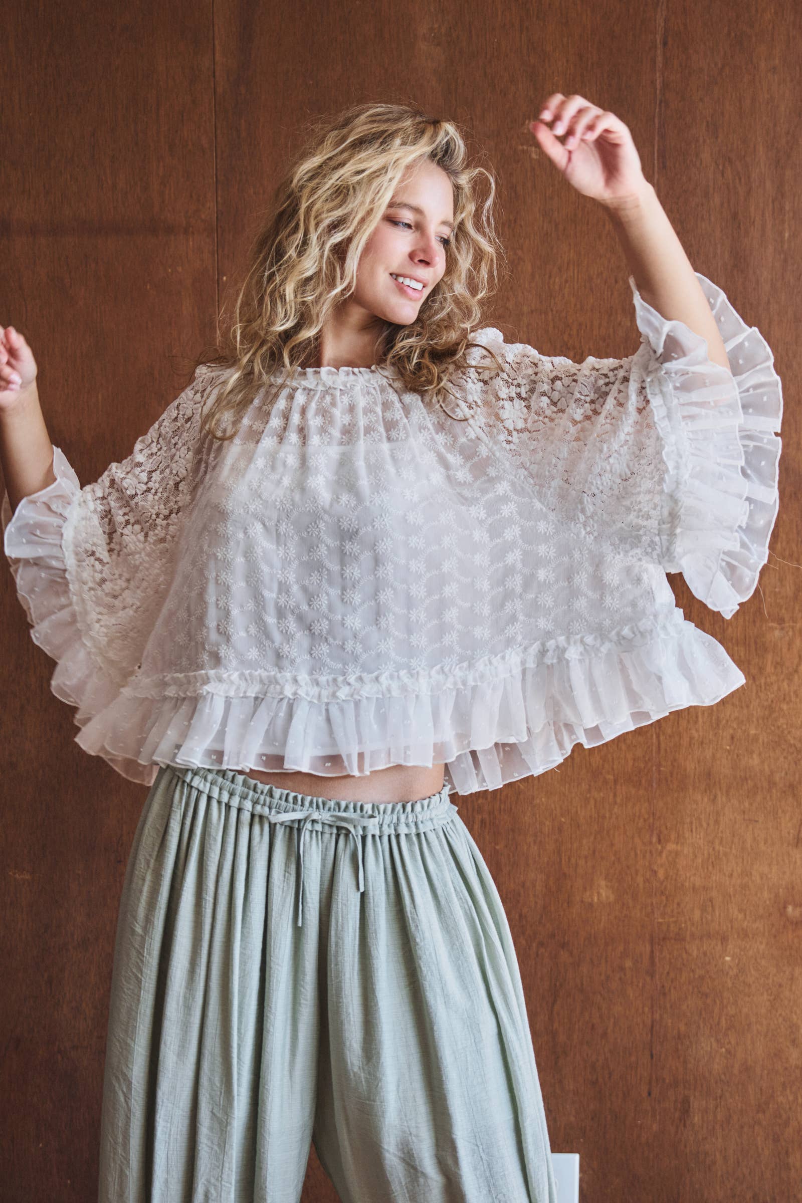 Swiss Dot Lace Top Ruffle Flutter Sleeve
