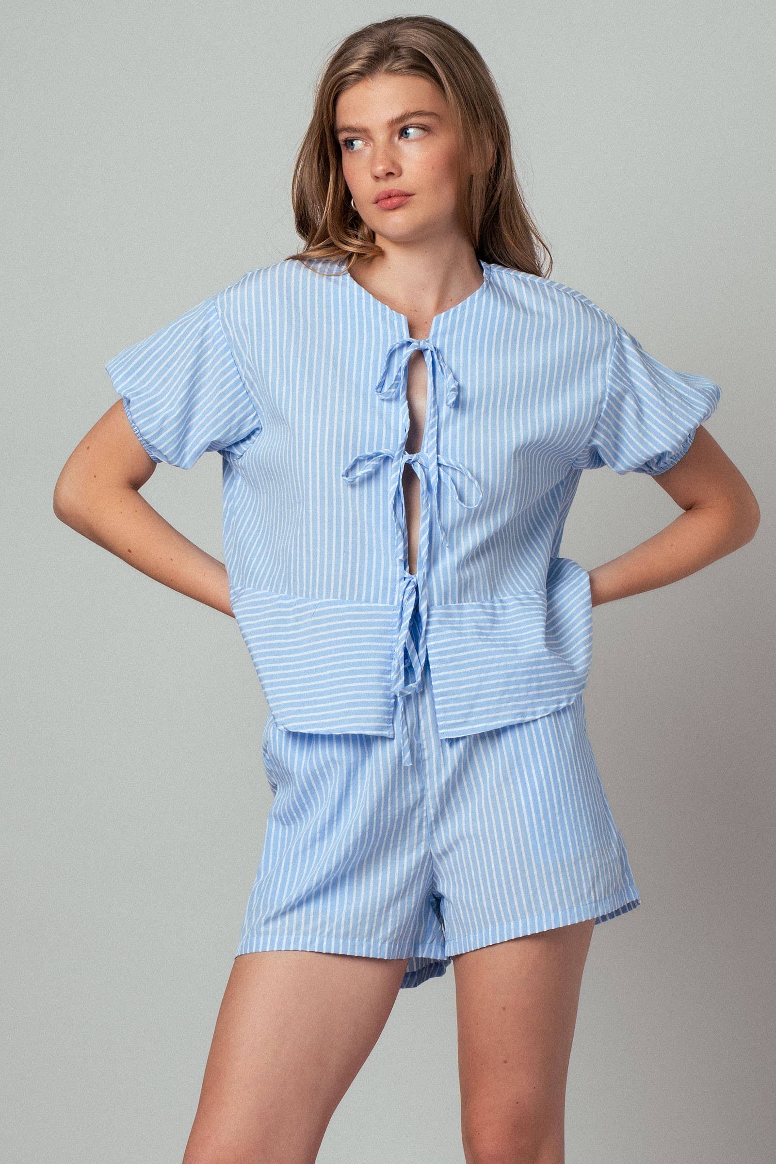 Urban Daizy Striped Tie-Front Puff Sleeve Two-Piece Set Sage-Stripe Top & Short Set (NOT Loungewear) - Women's (UDZ-AC-00224) – alternate view 3