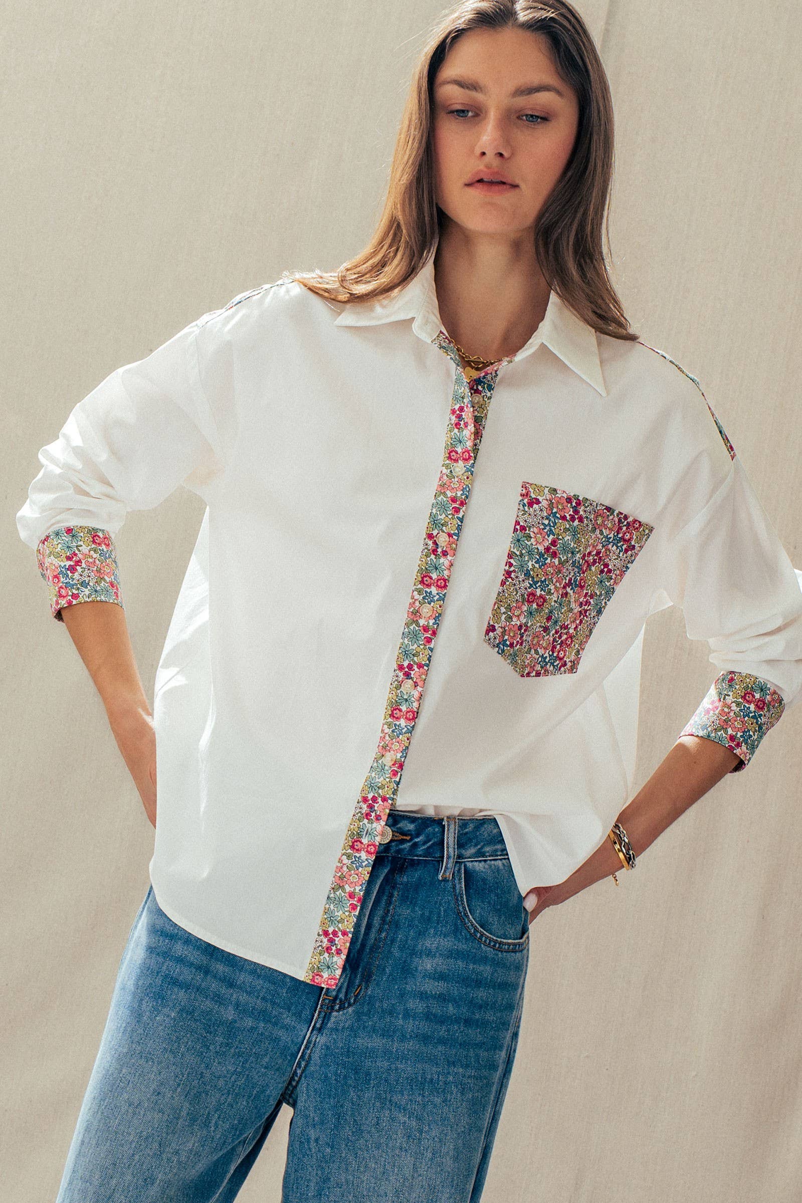 Floral Contrast Mixed Print Striped Shirt
