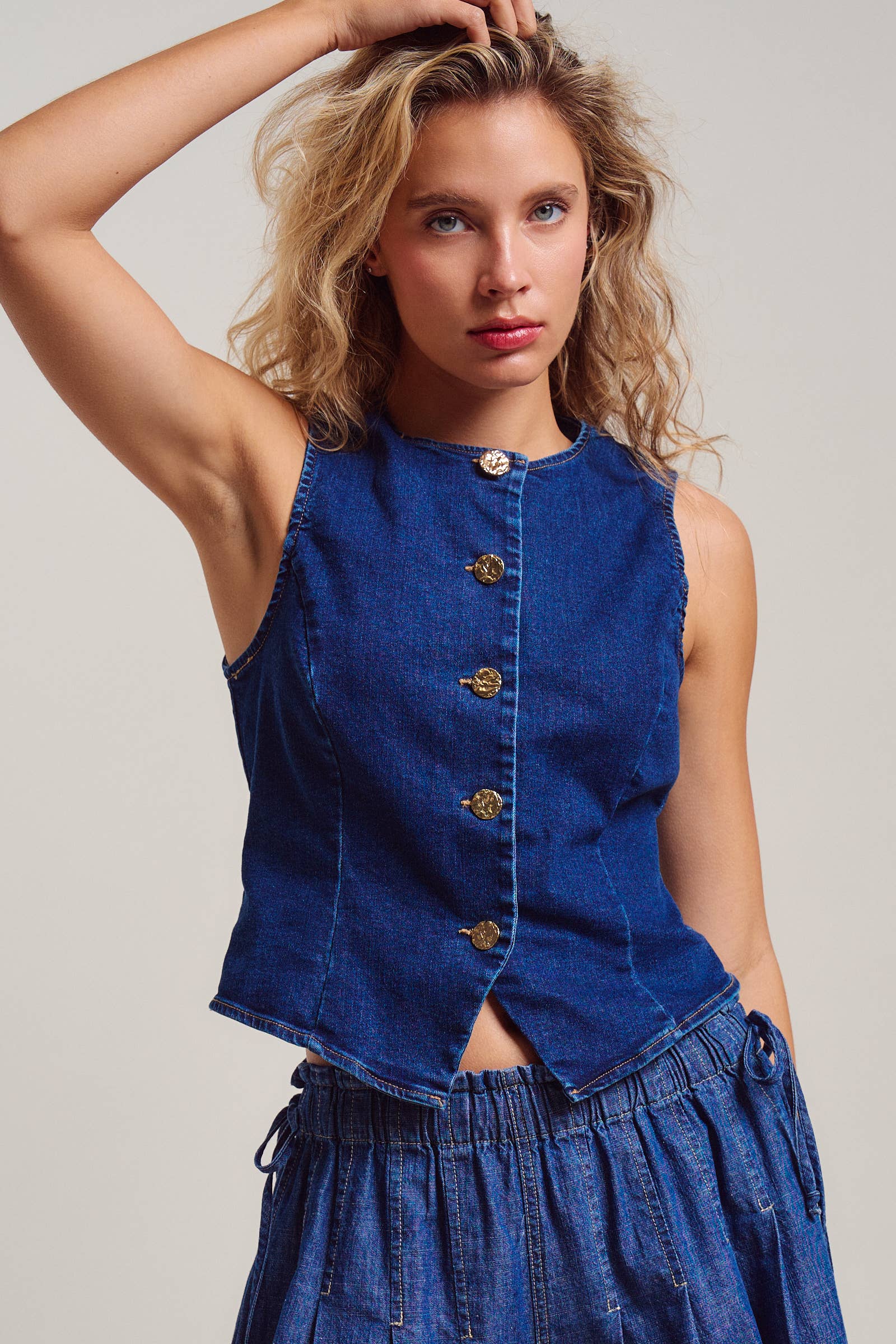 Fitted Gold Button Front Denim Vest