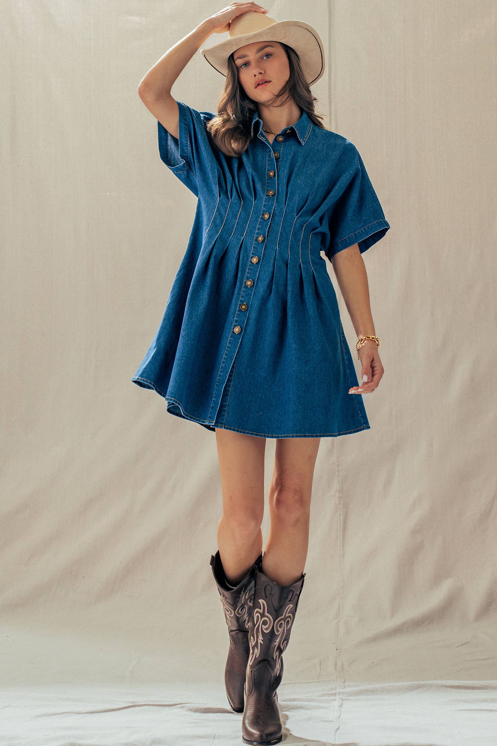Tailored Waist Short Sleeve Denim Shirtdress