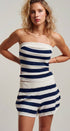 Urban Daizy Retro Striped Knit Bandeau & Shorts Co-ord Set Ivory-Navy Lounge Set - Women's (UDST0149-Ivory-Navy) – alternate view 16