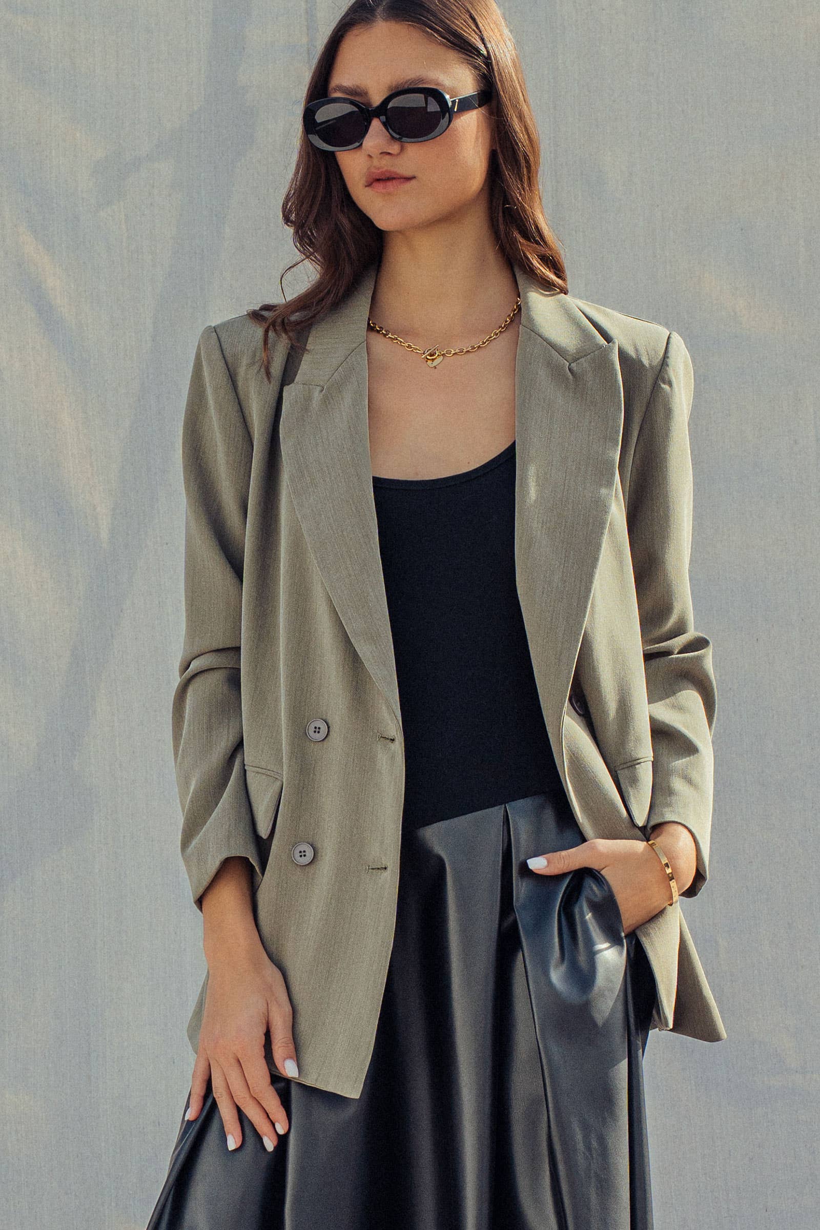 Urban Daizy Oversized Double-Breasted Notched Lapel Blazer Olive Blazer - Women's (UDZ-OT-00468) – alternate view 4