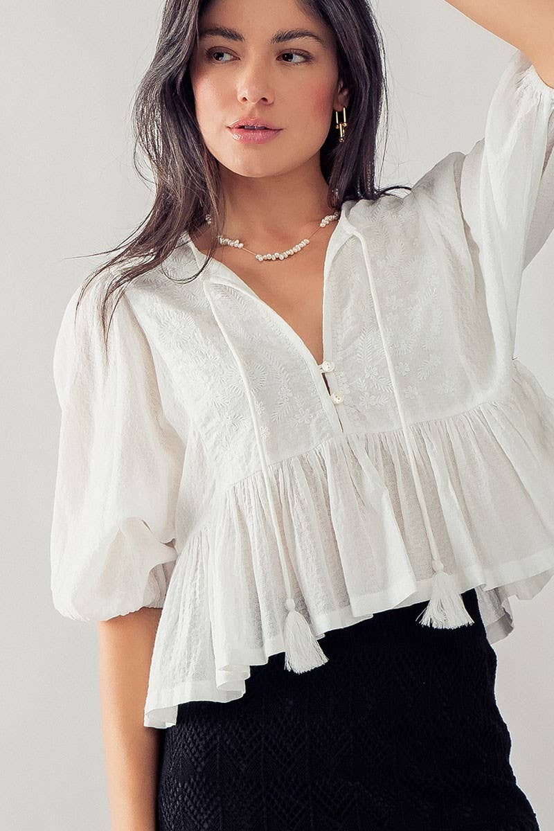 Urban Daizy Boho Embroidered Puff Sleeve Ruffle Blouse White Blouse - Women's (UDZ-TP-00705)