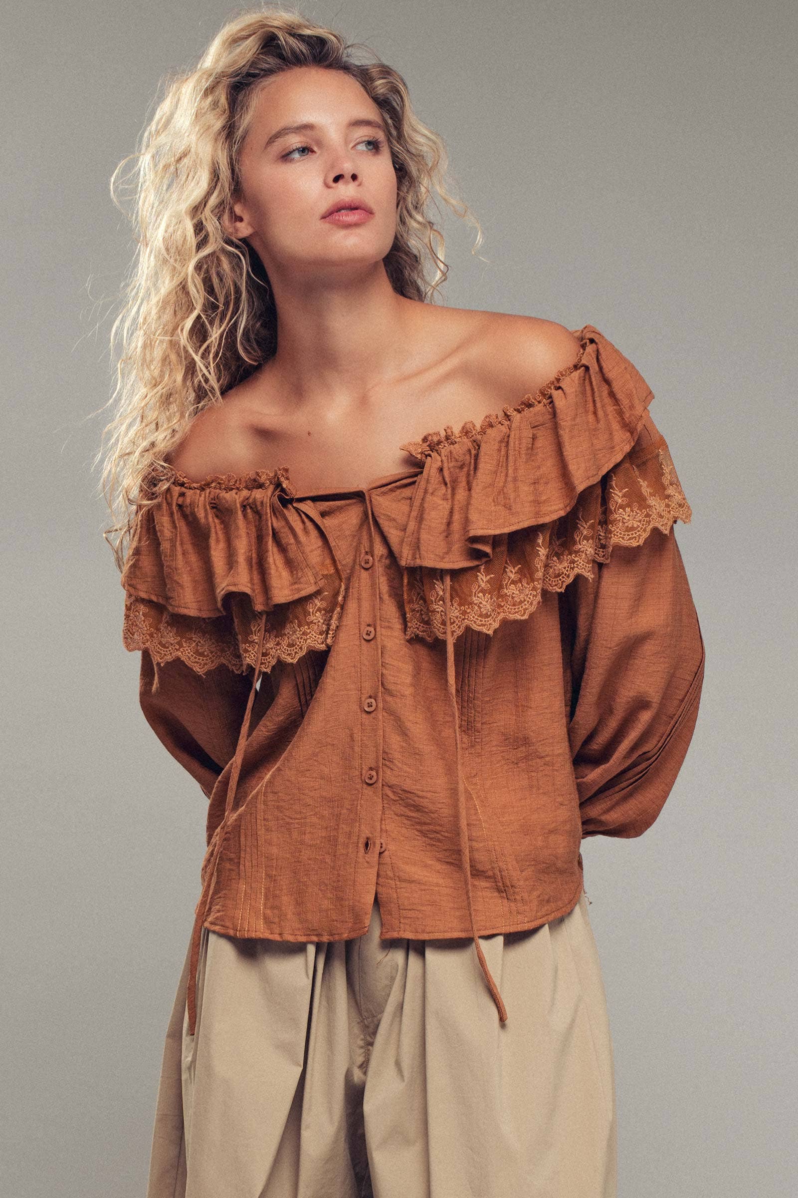 Lace Trim Ruffle Tie Neck Spring Blouse Top
