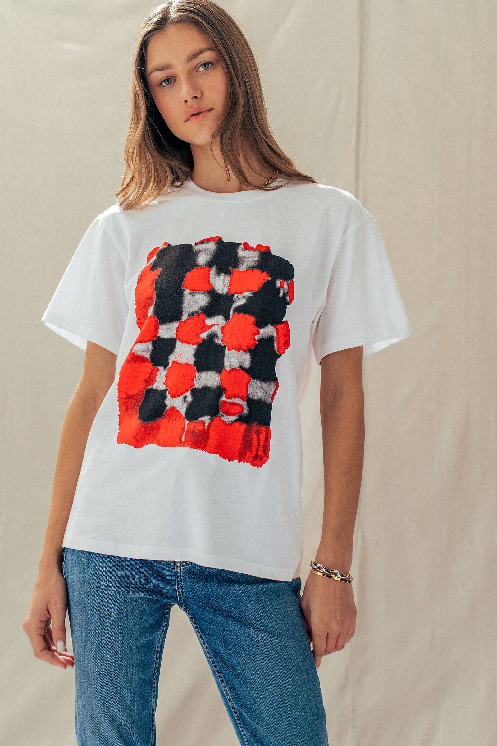 Urban Daizy Abstract Painted Graphic Rolled Sleeve Tee Blue Screen Printed T-Shirt - Women's (UDZ-TP-01002) – alternate view 4