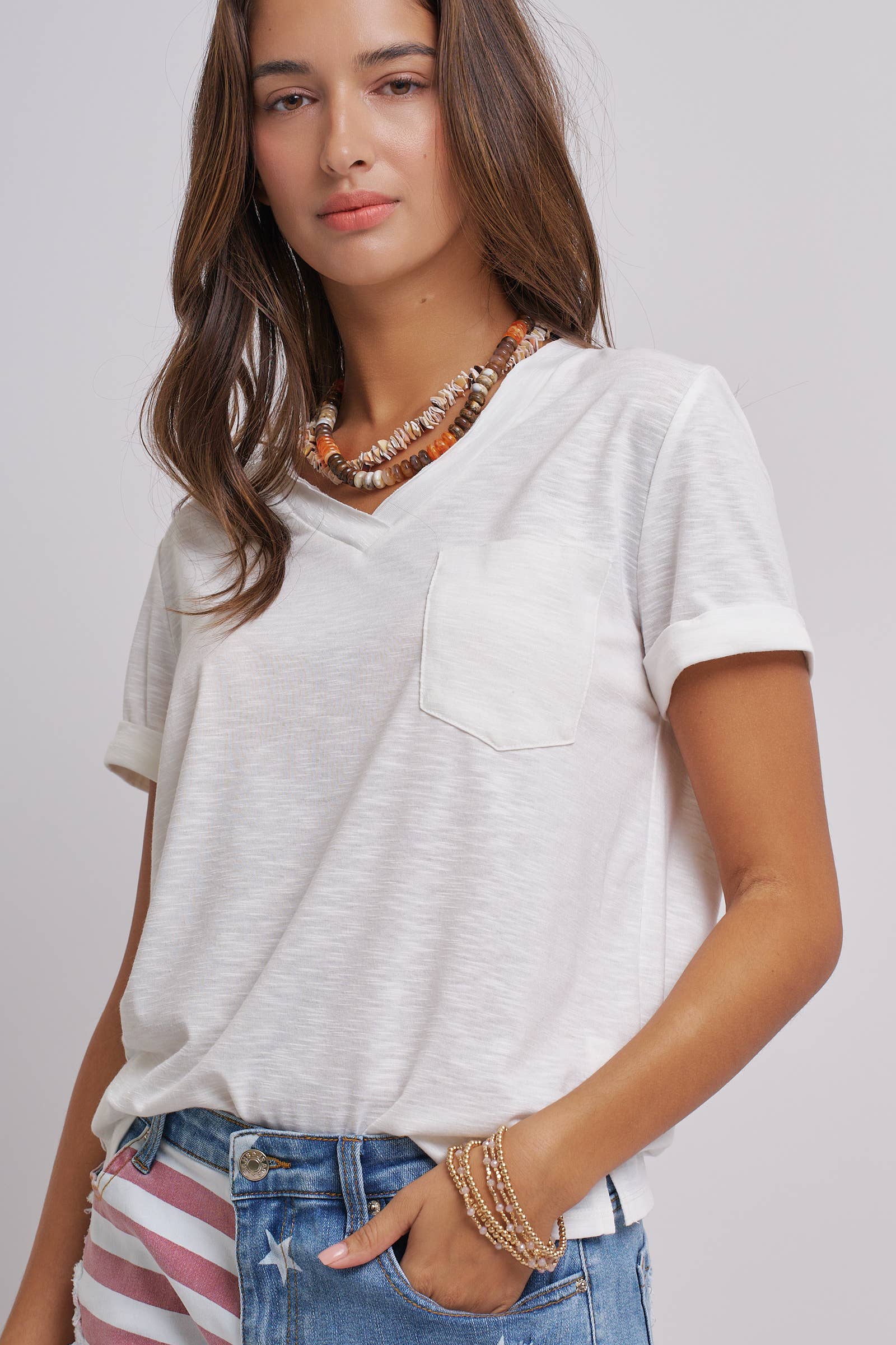 Rolled Sleeve V-Neck Pocket Tee