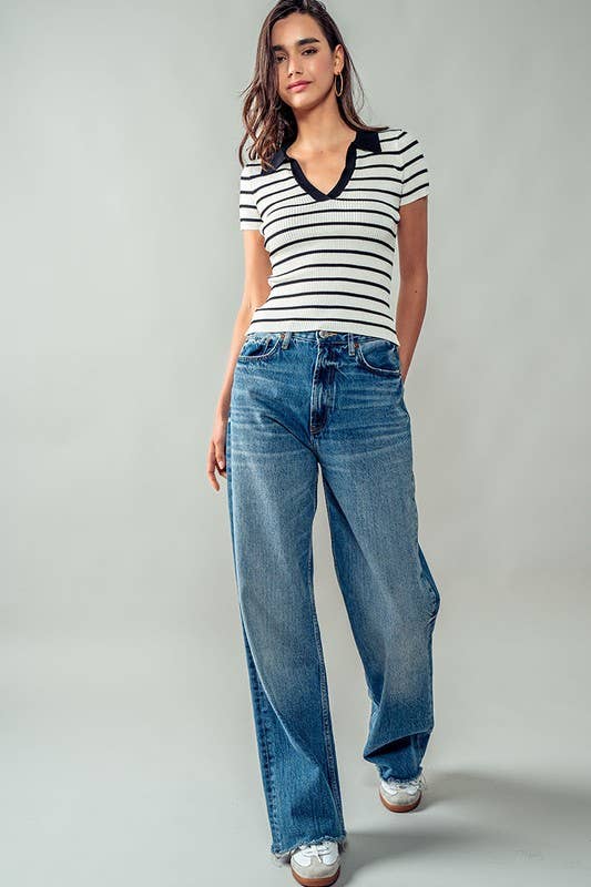 Urban Daizy Ribbed Stripe V-Neck Knit Top Ivory Knit Top - Women's (UDZ-TP-00562) – alternate view 7
