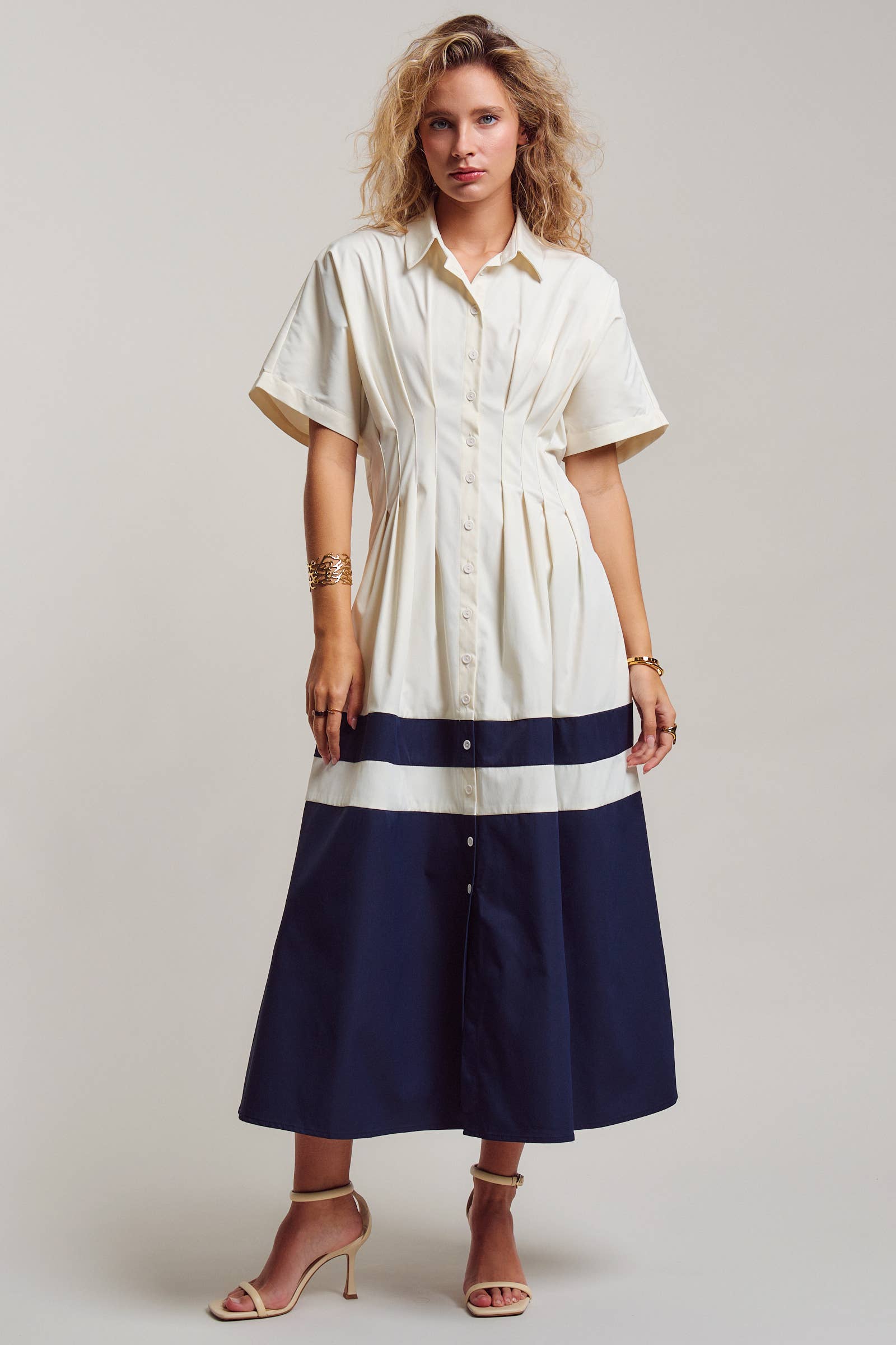 Colorblock Button-Up Cotton Midi Dress