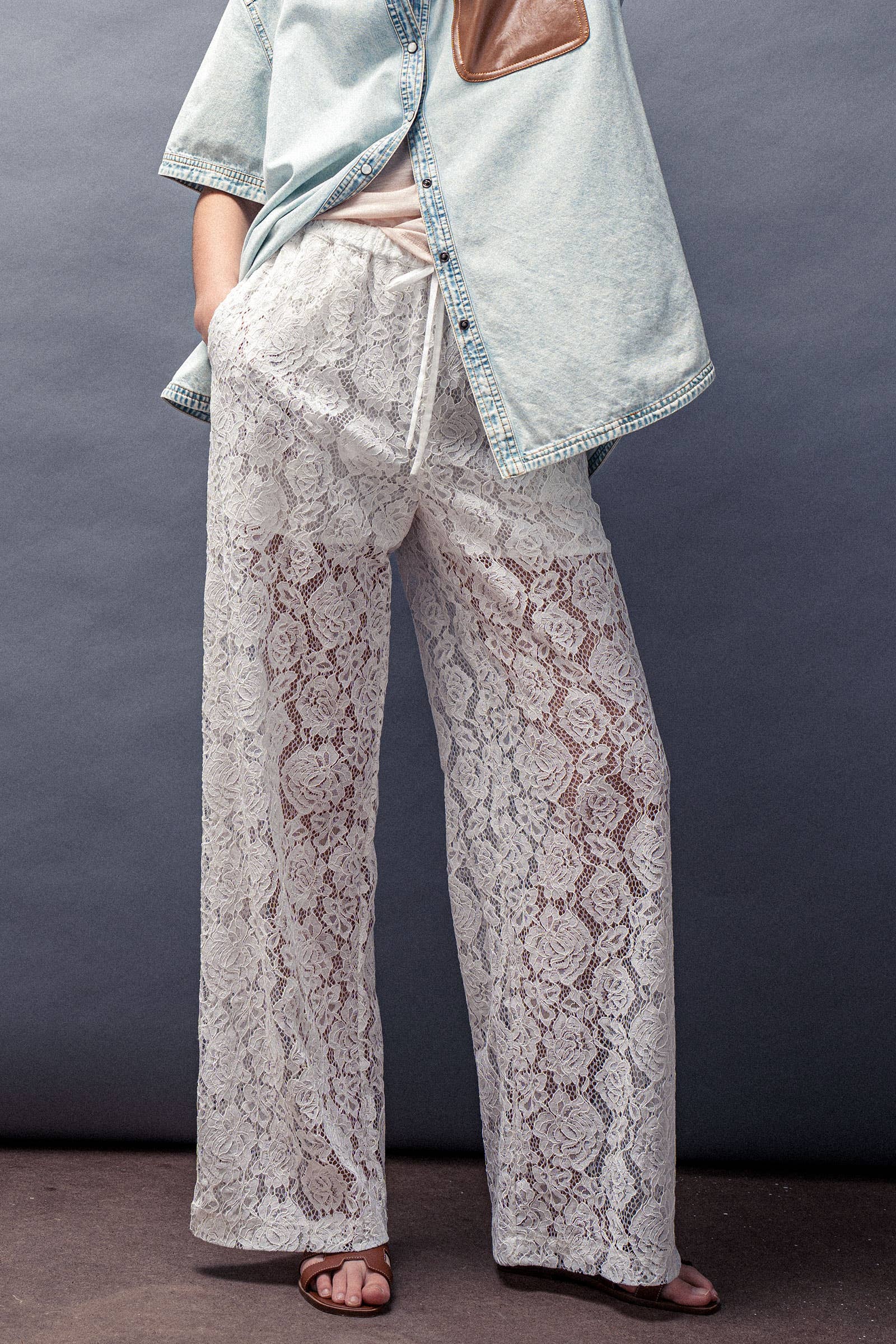 Urban Daizy Floral Lace Wide-Leg Drawstring Pants Black Pants - Women's (UDPT0083-Black) ��� alternate v