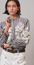 Floral Embroidered Gingham Blouse in Romantic Prairie Style in BROWN NAVY - Women's Graphic T-shirts | Urban Daizy