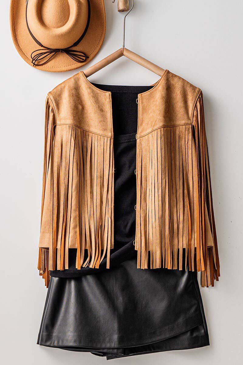 Western Faux Suede Fringe Open Front Jacket