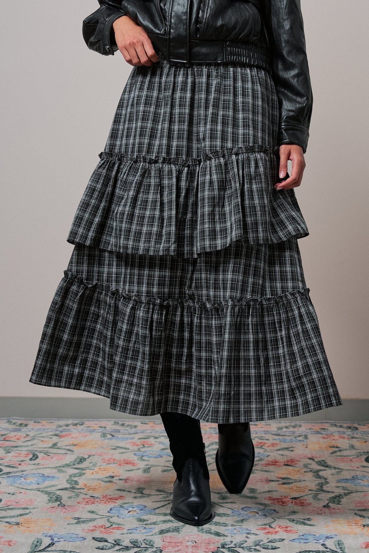 Plaid Tiered Ruffle Maxi Skirt Western Cowgirl Boho Long Ski in BLACK - Women's Midi Skirts | Urban Daizy