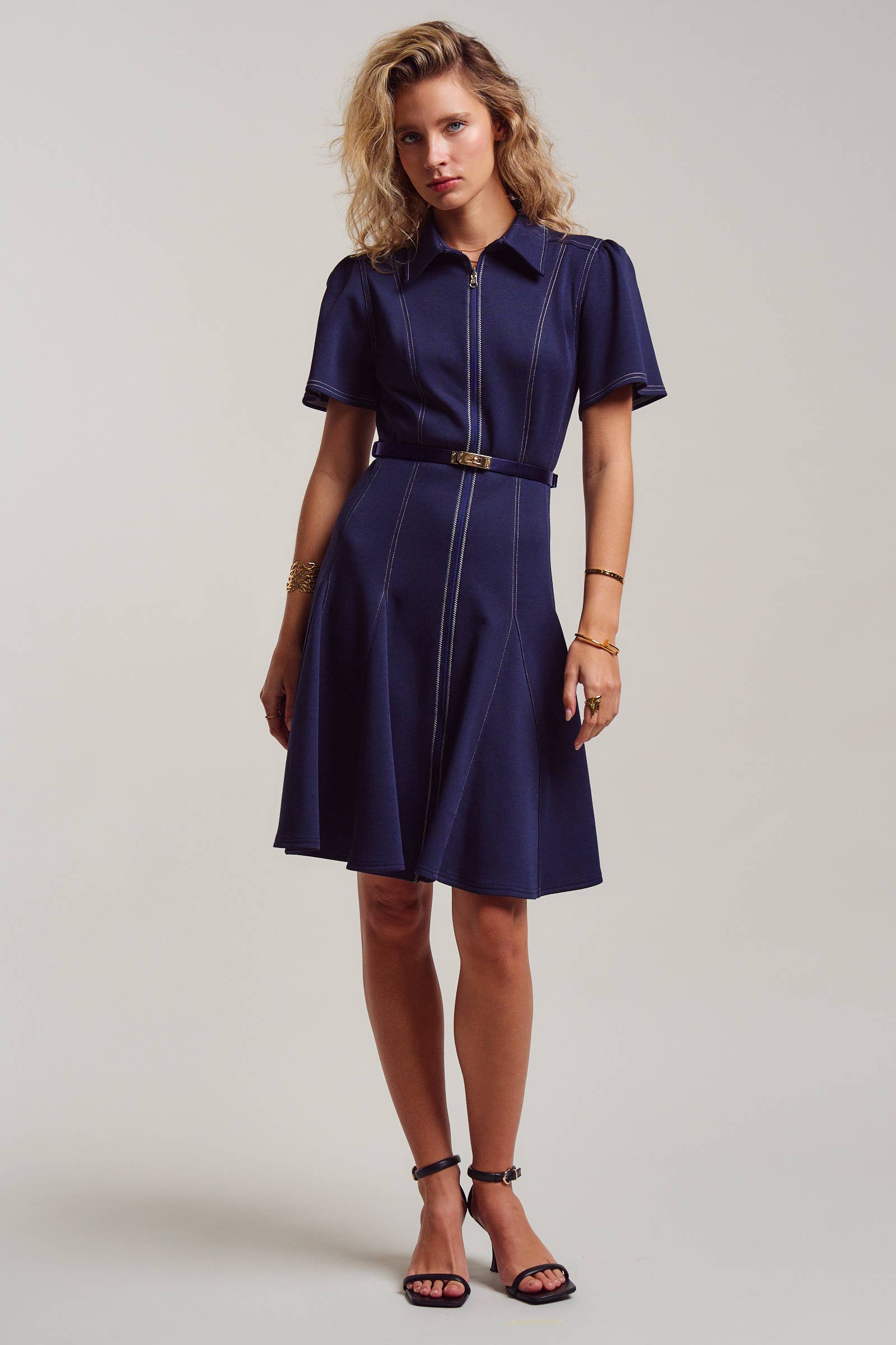 Contrast Stitch Zip Front Knit Mini Dress Belted