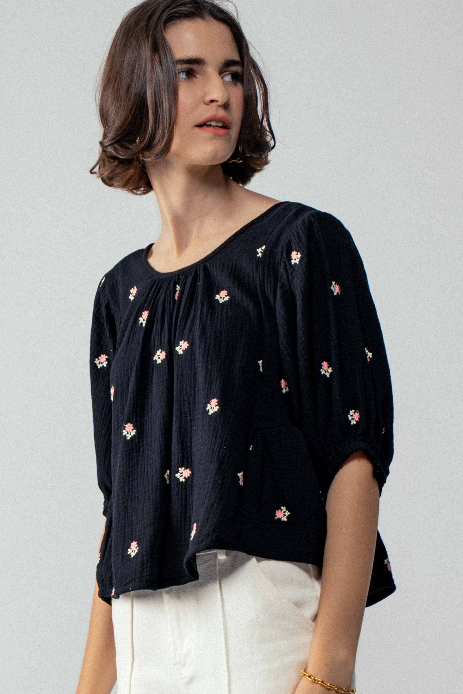 Urban Daizy Floral Embroidered Gauze Blouse Black Blouse - Women's (UDZ-TP-00728) – alternate view 6