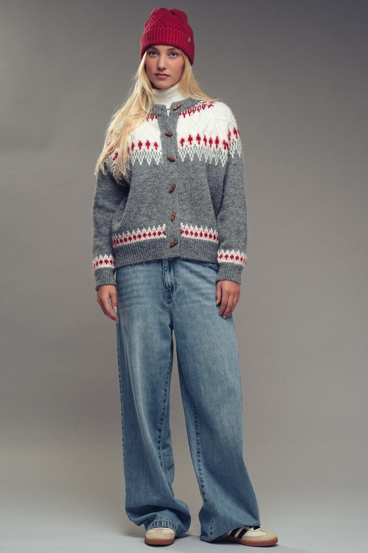 Nordic Pattern Wool Blend Toggle Cardigan