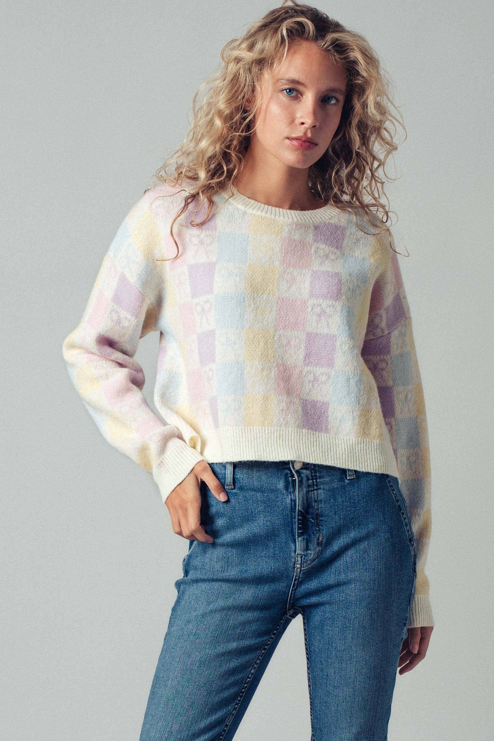 Urban Daizy Pastel Checkered Coquette Bow Knit Sweater Pastel Knit Sweater - Women's (UDZ-KN-00553) – alternate view 8