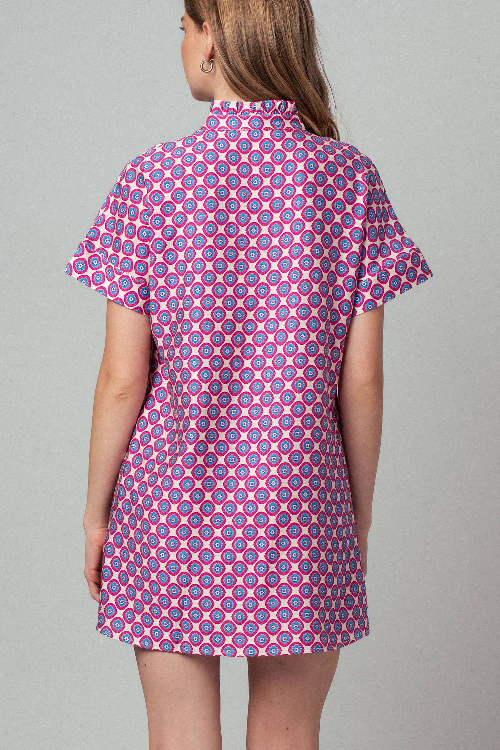Retro Geometric Print Stand Collar Mini Dress