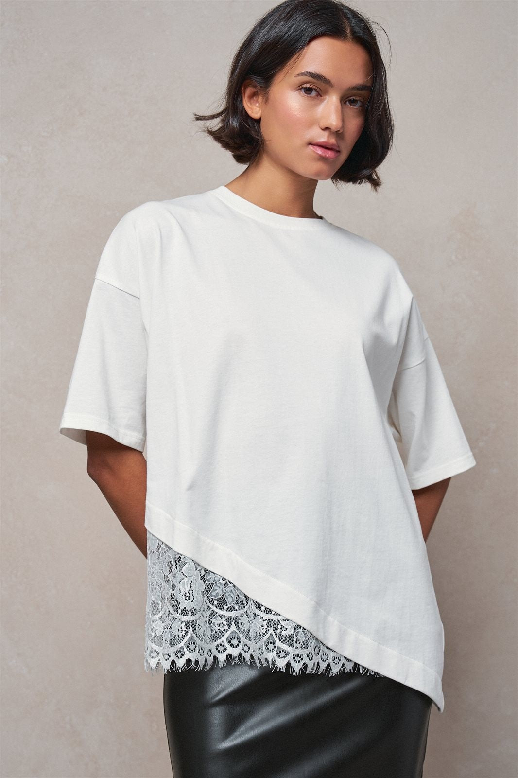 Oversized Cotton Tee with Asymmetric Lace Hem in WHITE - Women's T-Shirts & Polos | Urban Daizy