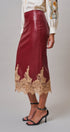 Faux Leather Lace Trim Midi Pencil Skirt in BURGUNDY - Women's Midi Skirts | Urban Daizy