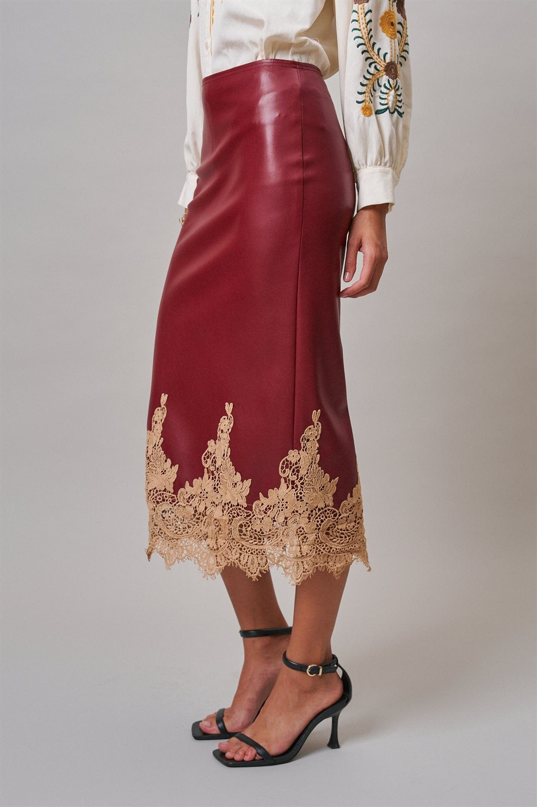 Faux Leather Lace Trim Midi Pencil Skirt in BURGUNDY - Women's Midi Skirts | Urban Daizy