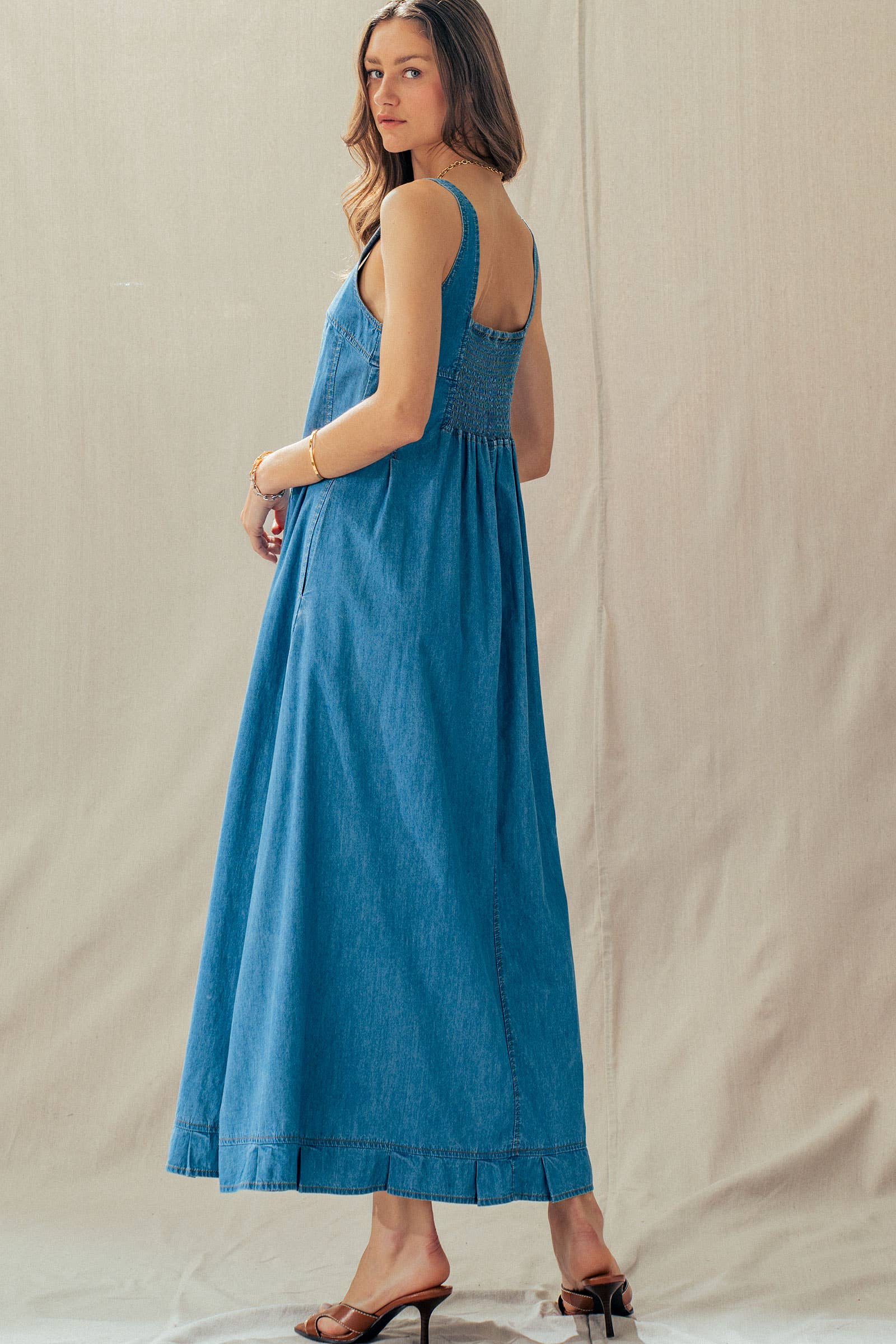 Smocked Back Denim Maxi Dress