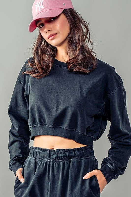 Urban Daizy Mineral Wash Mock Neck Crop Sweatshirt Black Sweatshirt - Women's (UDZ-KN-00191)