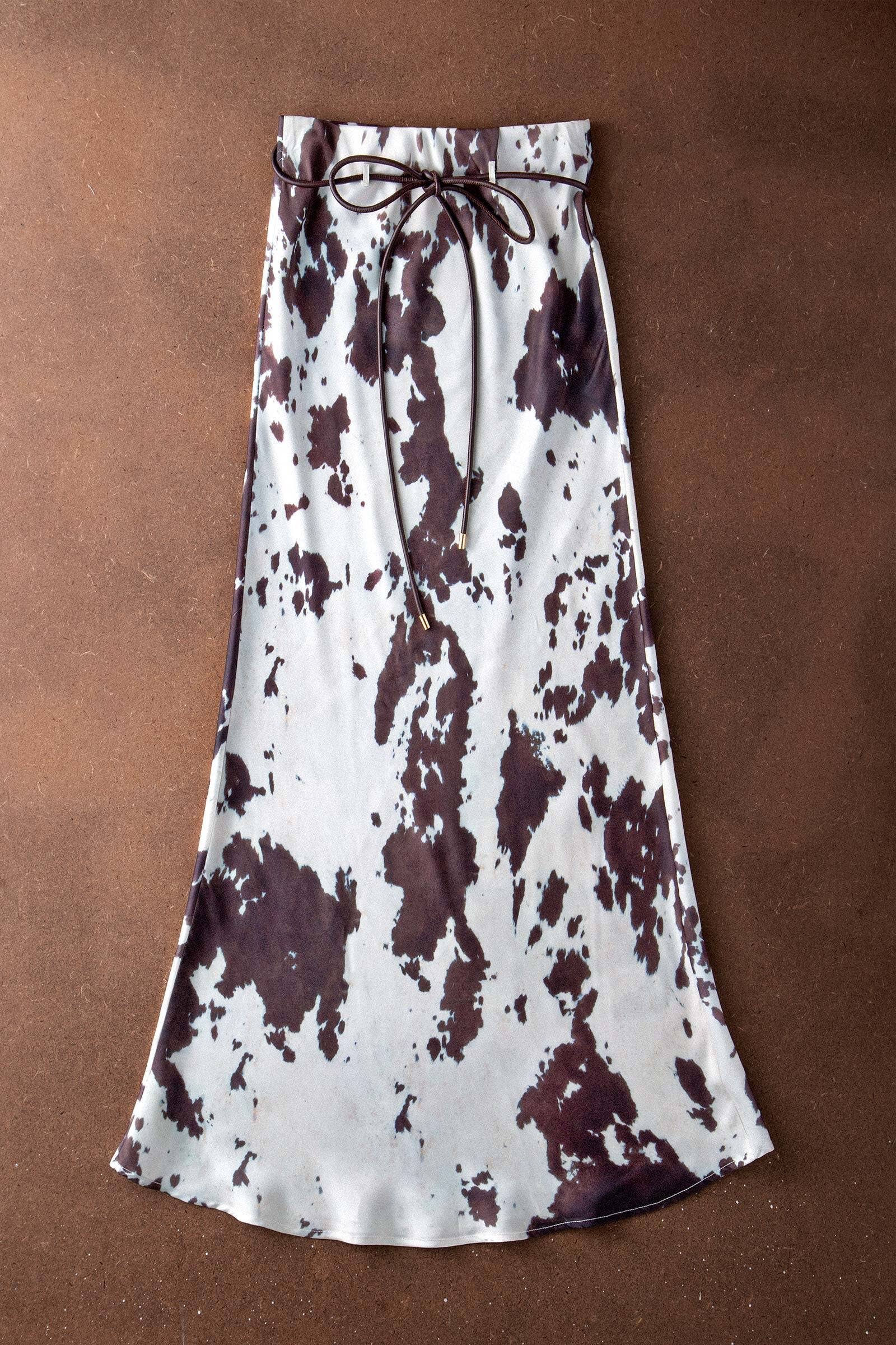 Urban Daizy Cowhide Print Satin Drawstring Midi Skirt Animal-Print Skirt - Women's (UDSK0074)