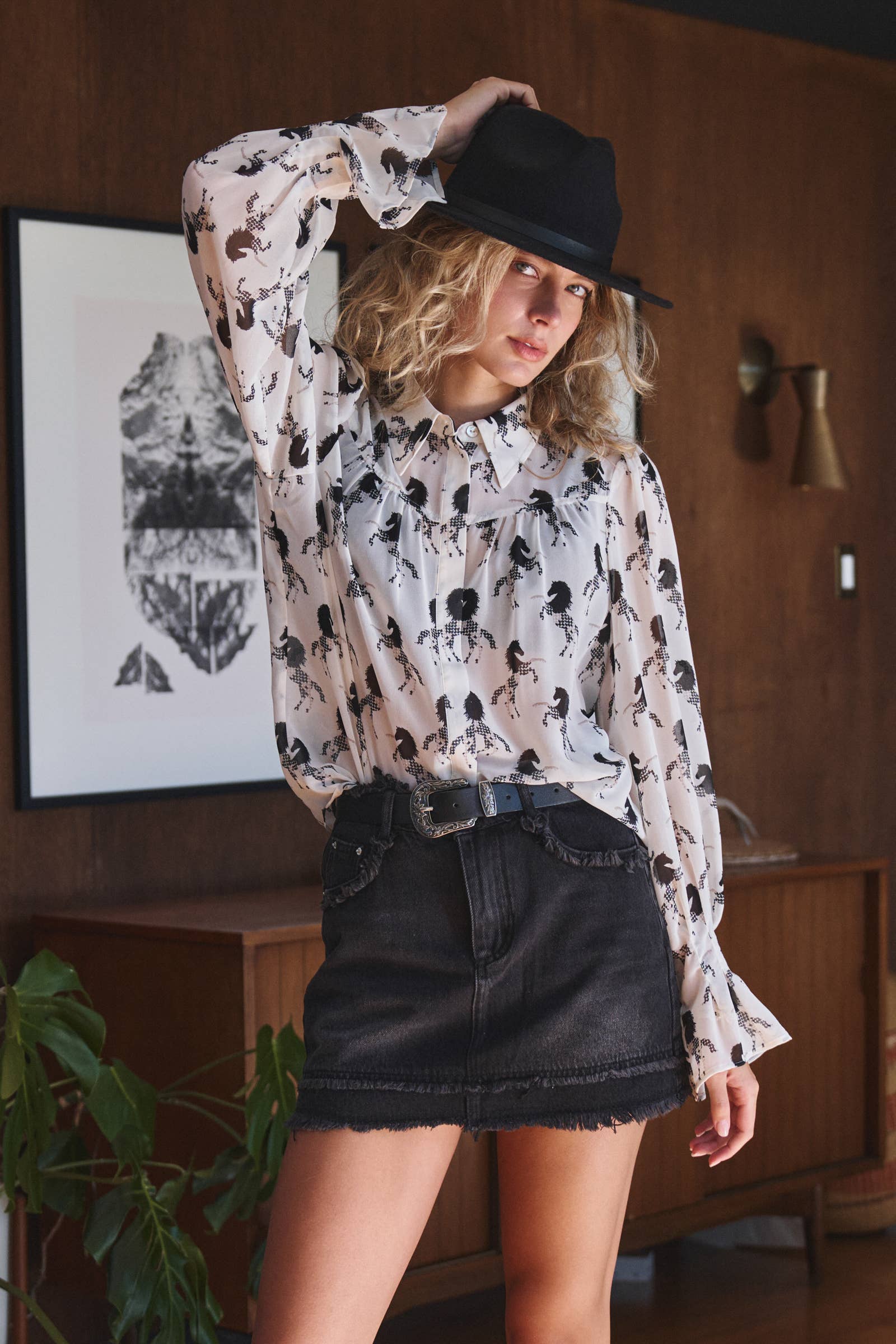 Urban Daizy Western Horse Print Button Down Blouse Flared Cuff Ivory-Black Blouse - Women's (UDZ-TP-01055) – alternate view 2