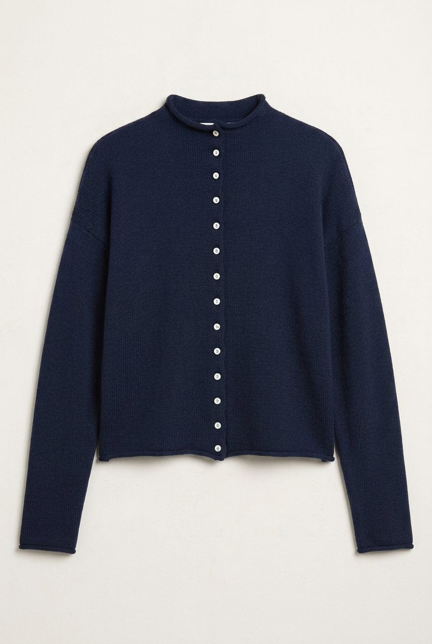 Striped Polo Collar Button Sweater with Rolled Edges in NAVY - Women's Cardigans & Shrugs | Urban Daizy