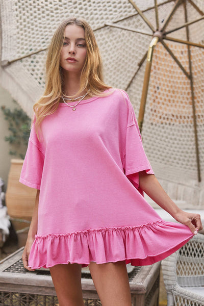 Casual Drop Shoulder Ruffle Hem Exposed Stitch Crew Neck Top