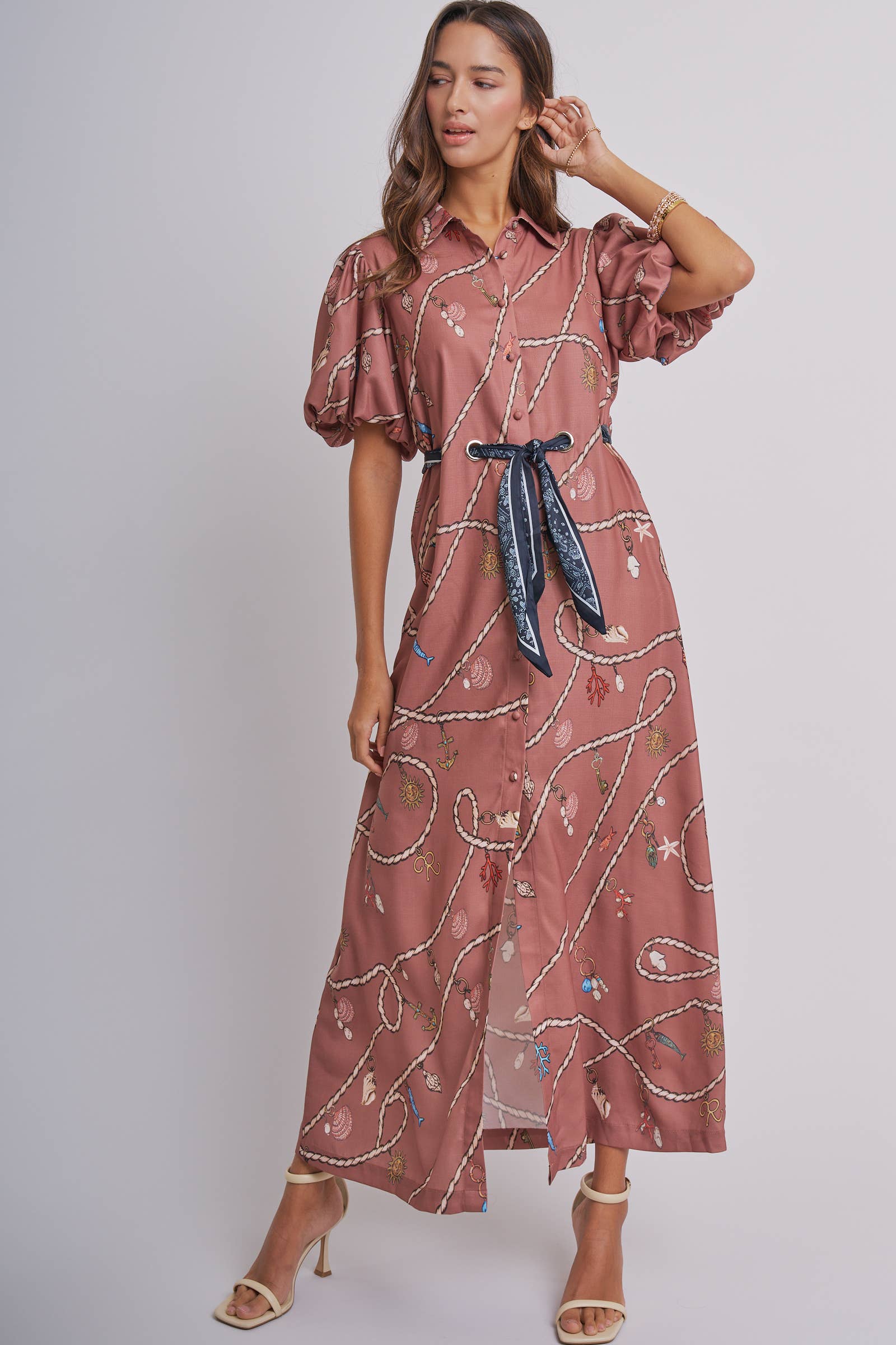 Nautical Motif Puff Sleeve Shirt Dress