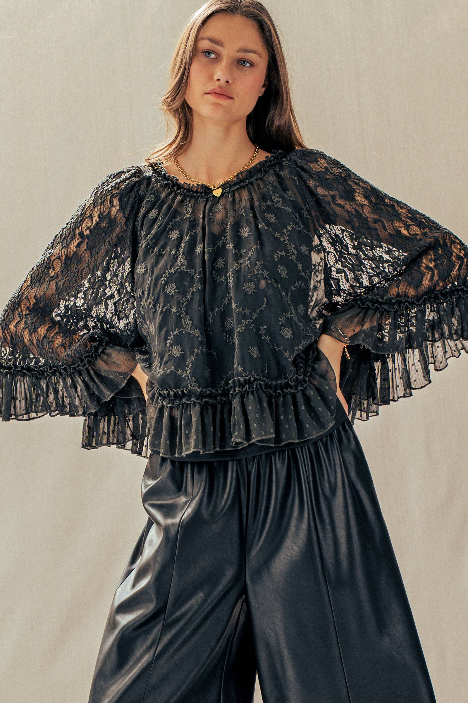 Swiss Dot Lace Top Ruffle Flutter Sleeve