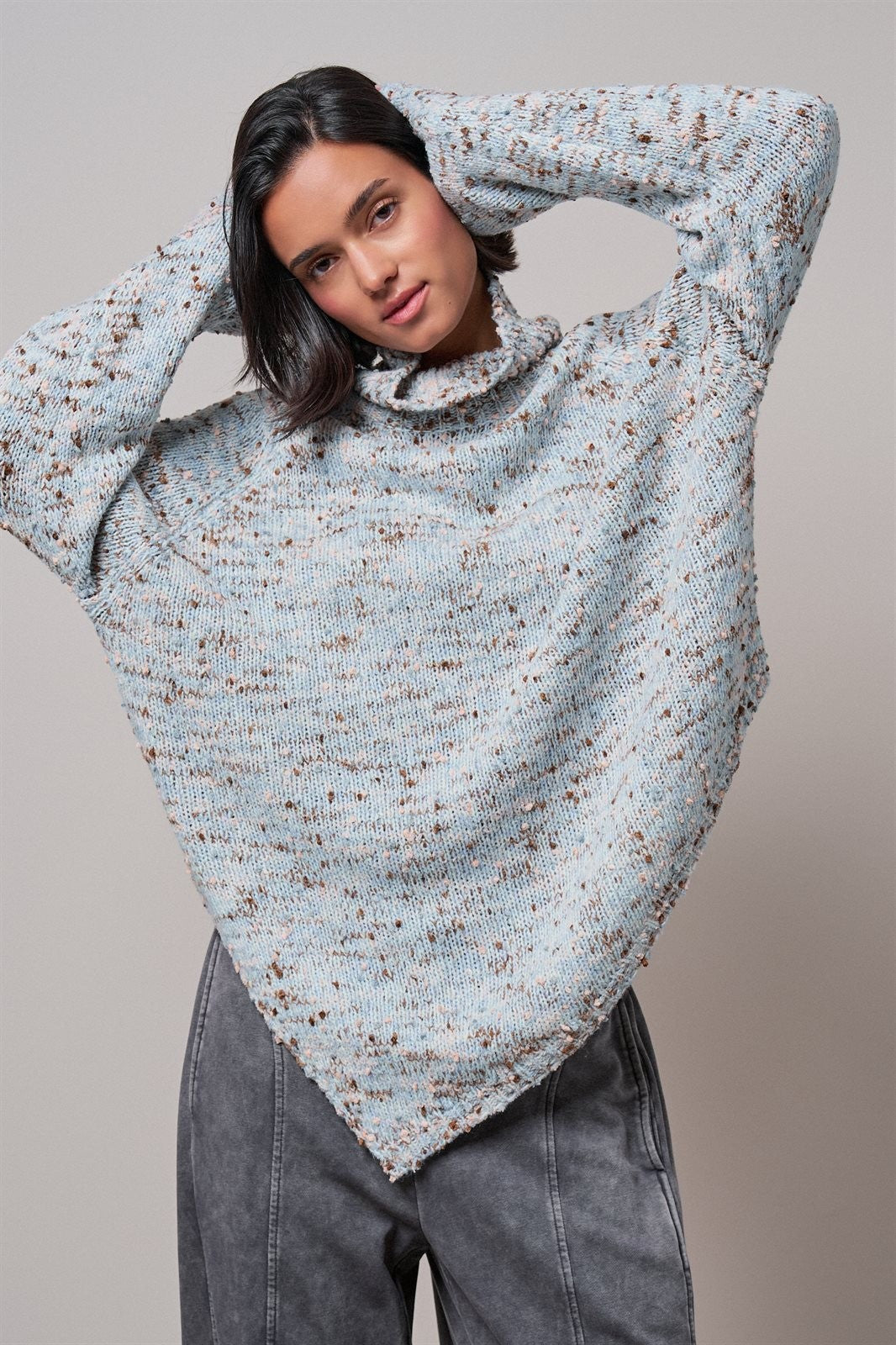 Chunky Knit Mock Neck Oversized Poncho Sweater in BLUE - Women's Sweaters | Urban Daizy